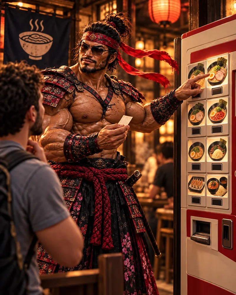 Samurai Macho introduces Ramen Survival · AI illustration