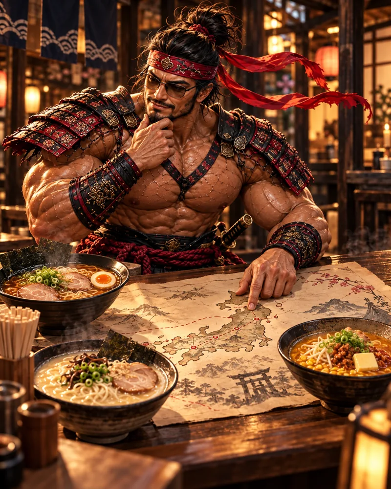 Samurai Macho introduces Ramen Culture · AI illustration