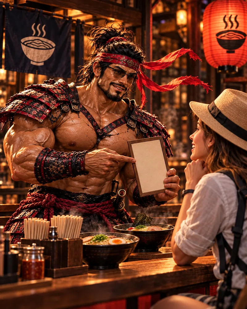 Samurai Macho introduces Ramen Japanese · AI illustration