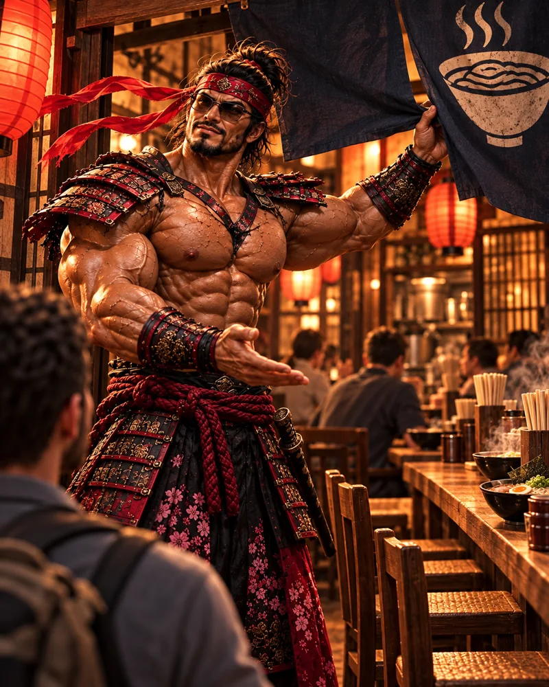A warm welcome · Samurai Macho AI illustration